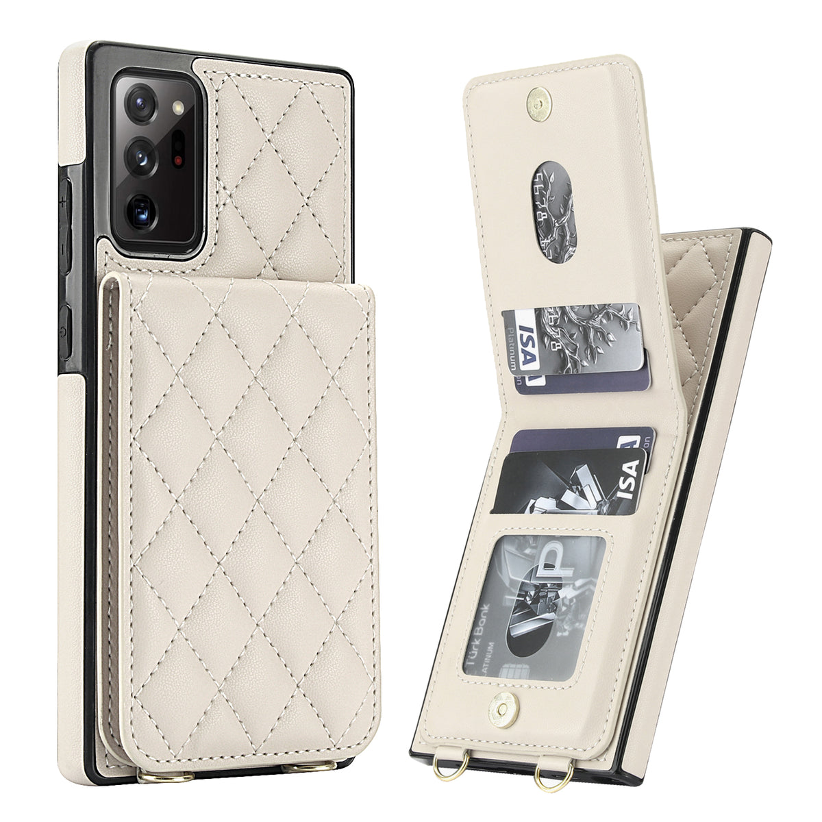 Cream white quilted leather wallet case for Samsung Galaxy A73-A71 displaying side view with open multi-card wallet flap, credit card slots, and photo ID frame.