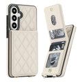 Cream white quilted leather wallet case for Samsung Galaxy displaying side view with open multi-card wallet flap, credit card slots, and photo ID frame.