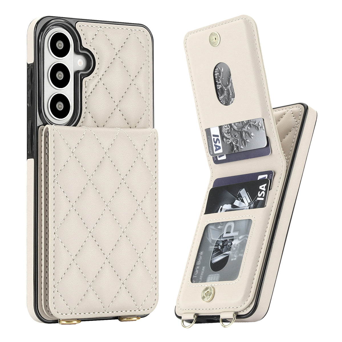 Cream white quilted leather wallet case for Samsung Galaxy displaying side view with open multi-card wallet flap, credit card slots, and photo ID frame.