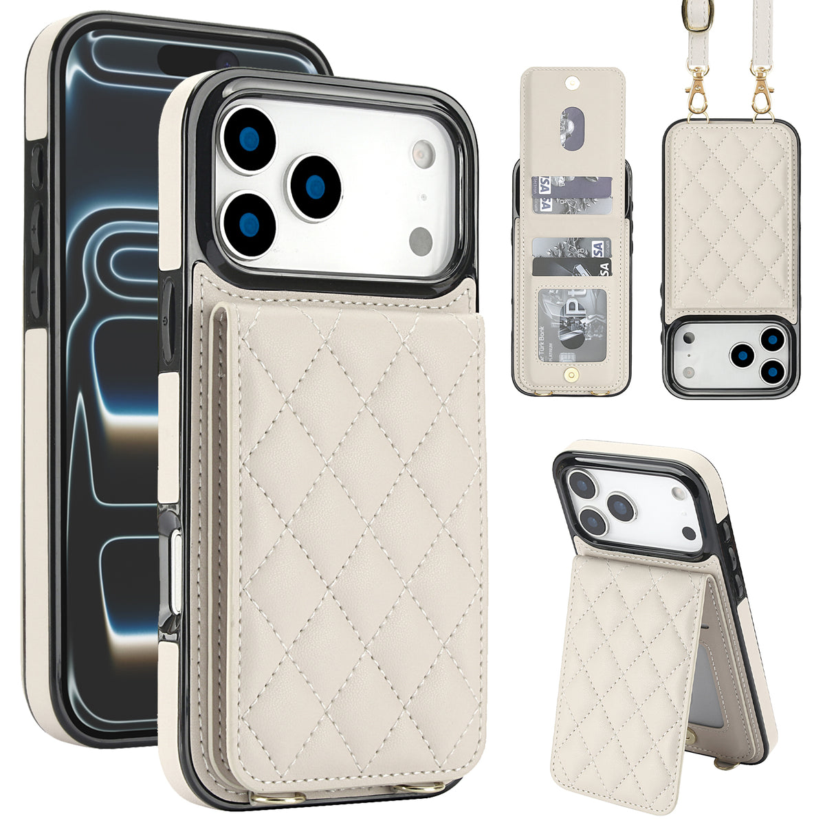 Cream white quilted leather wallet case for iPhone featuring open card slots, lanyard strap attachments, and built-in kickstand feature.