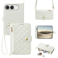 Creamy White iPhone DUO quilted leather wallet case with adjustable shoulder strap and camera cutouts