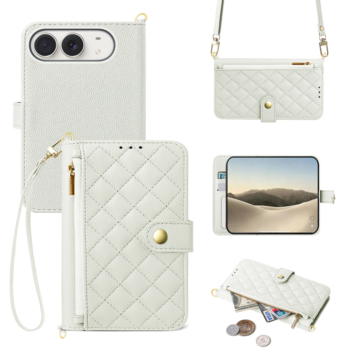 Creamy White iPhone DUO quilted leather wallet case with adjustable shoulder strap and camera cutouts