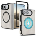 Creamy off-white magnetic leather case for iPhone DUO shown from open and folded angles with graphic overlay demonstrating fast wireless charging alignment.
