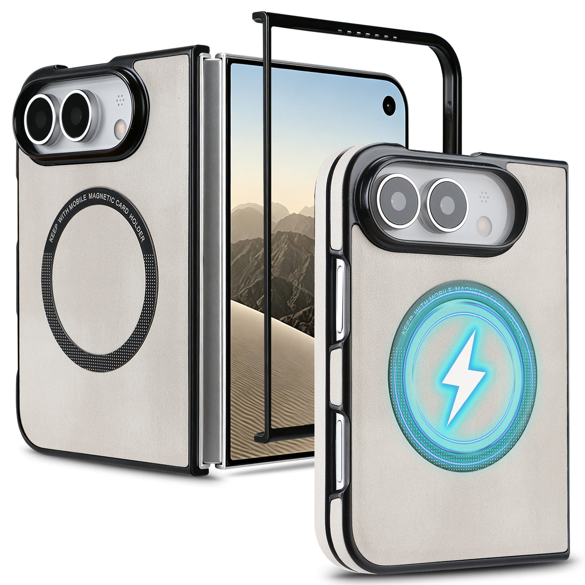 Creamy off-white magnetic leather case for iPhone DUO shown from open and folded angles with graphic overlay demonstrating fast wireless charging alignment.