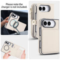 Creamy white leather case for iPhone DUO showing rear magnetic ring alignment on a car mount stand alongside internal card slots.