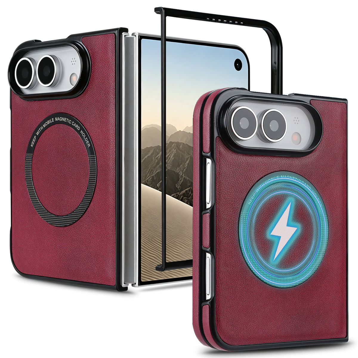 Crimson burgundy magnetic leather case for iPhone DUO shown open and folded alongside wireless charging pass-through demonstration.