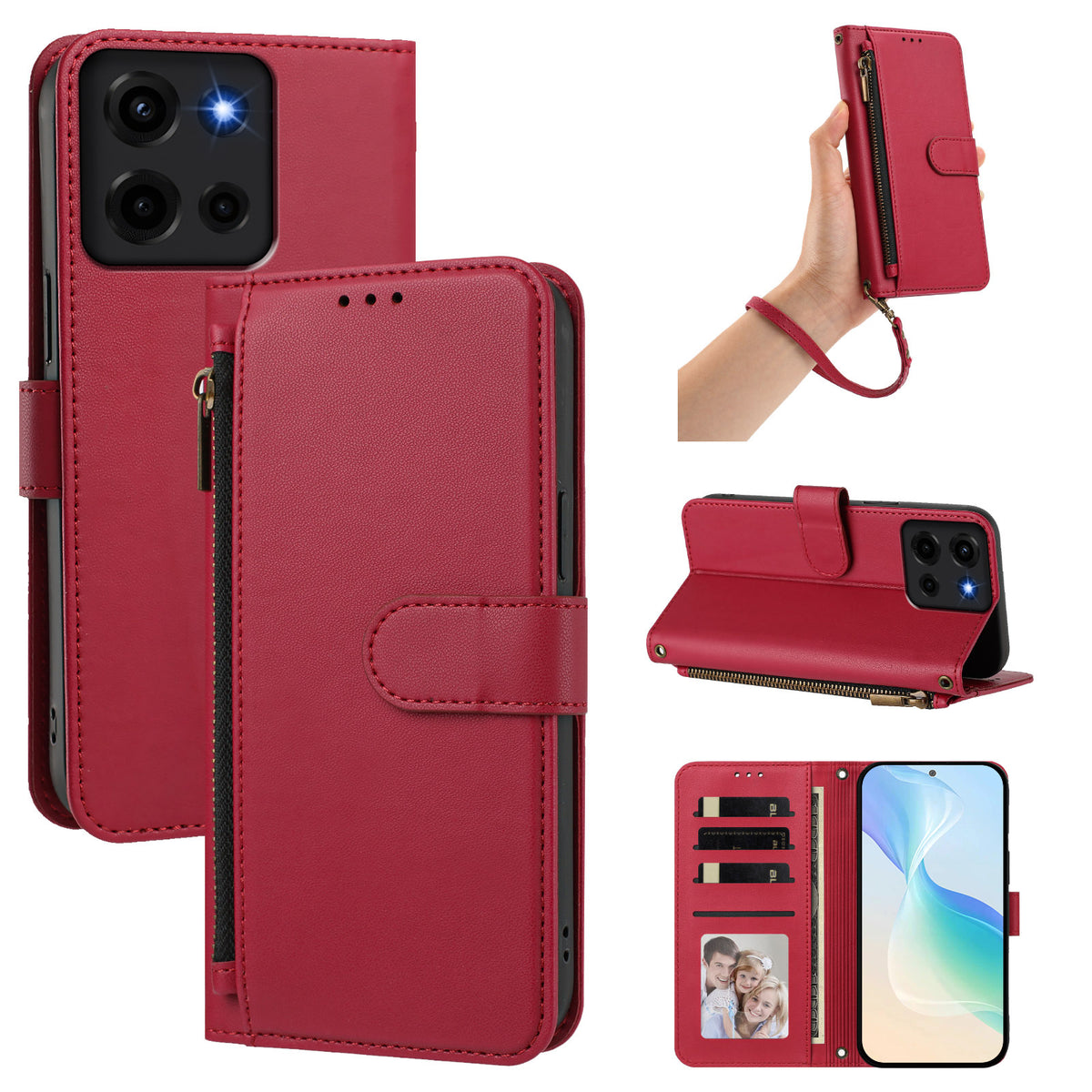 Crimson red Motorola Moto G Play leather wallet case set featuring rear camera module cutout, wristlet lanyard view, horizontal desktop kickstand, and open 4-card folio layout