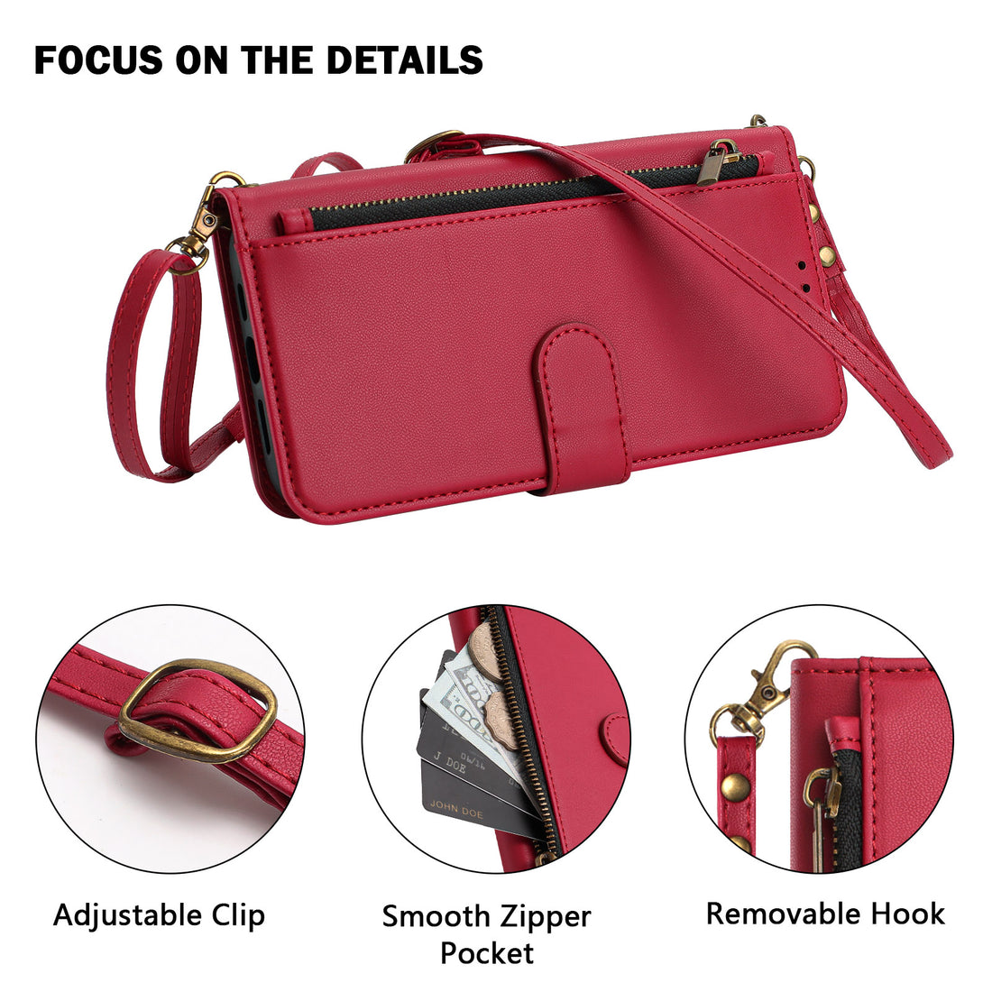 Crimson red Motorola Moto G Power 5G crossbody leather wallet case detailing adjustable brass clip, smooth zipper coin pocket, and removable hook.