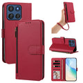 Crimson red Motorola Moto G Power 5G leather wallet case set featuring camera module cutout, wristlet lanyard view, horizontal desktop kickstand, and open 4-card folio layout