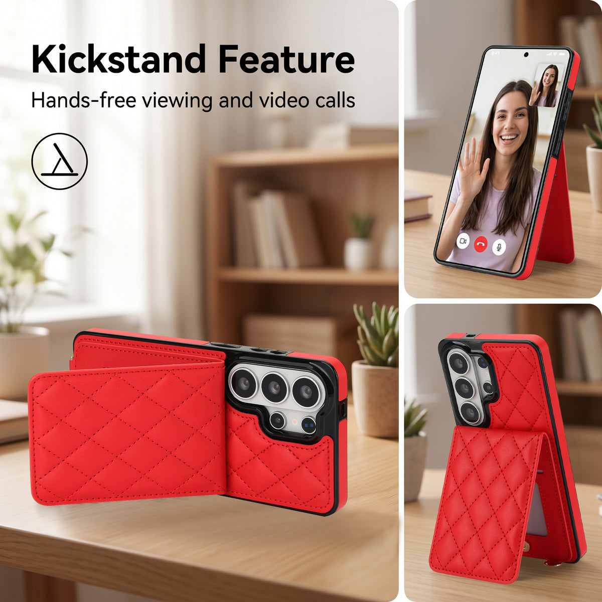 Crimson red Samsung Galaxy wallet case with kickstand feature for hands-free video calls and viewing