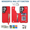 Crimson red leather crossbody phone case for Samsung Galaxy open displaying ID window card slots and zipper pouch
