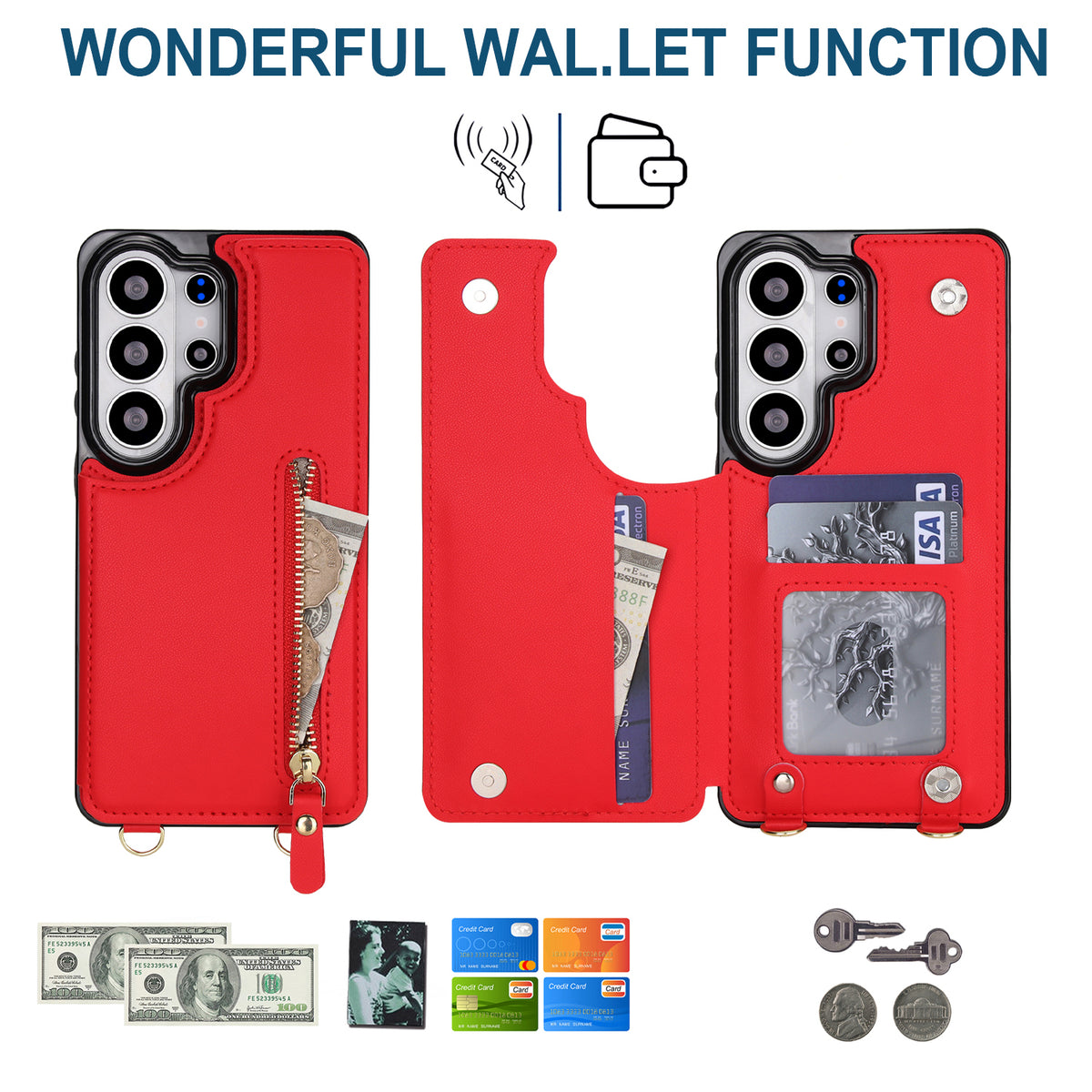 Crimson red leather crossbody phone case for Samsung Galaxy open displaying ID window card slots and zipper pouch