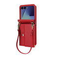 Crimson red leather crossbody wallet case featuring built-in card holder for Samsung Galaxy Z Flip.