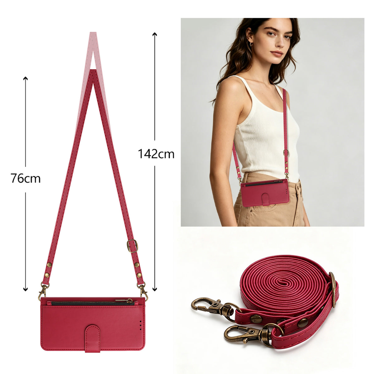Crimson red leather crossbody wallet case for Samsung Galaxy with dimensional measurements showing adjustable shoulder strap length from 76cm to 142cm, shown worn by a model as a crossbody shoulder purse.