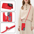 Crimson red leather crossbody wallet phone case for Samsung Galaxy worn by model with zipper pouch, kickstand, and magnetic wallet compartment
