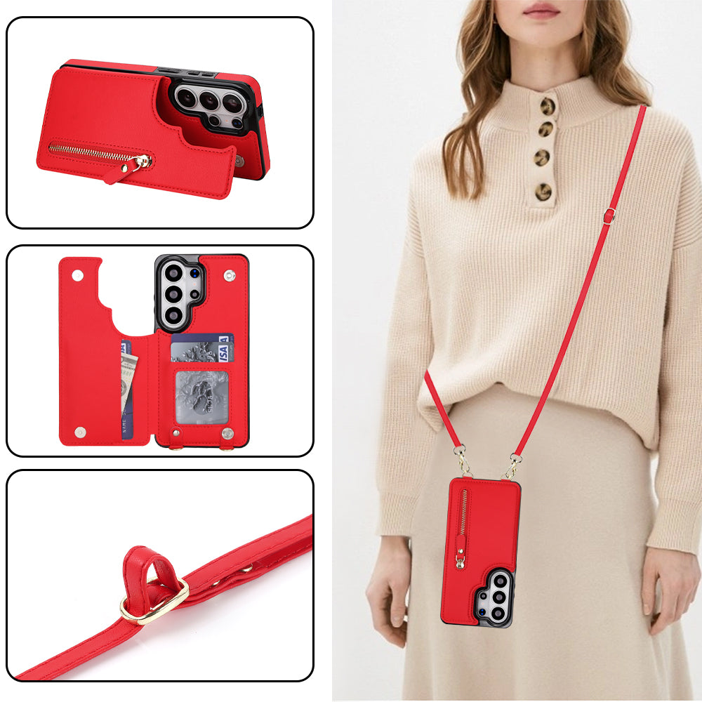 Crimson red leather crossbody wallet phone case for Samsung Galaxy worn by model with zipper pouch, kickstand, and magnetic wallet compartment