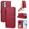 Crimson red leather wallet case for Samsung Galaxy A73 A72 A71 displayed from 5 angles including camera lens cutout, wristlet strap carry, horizontal kickstand mode, and interior wallet layout with 4 card slots, cash pocket, and photo window.