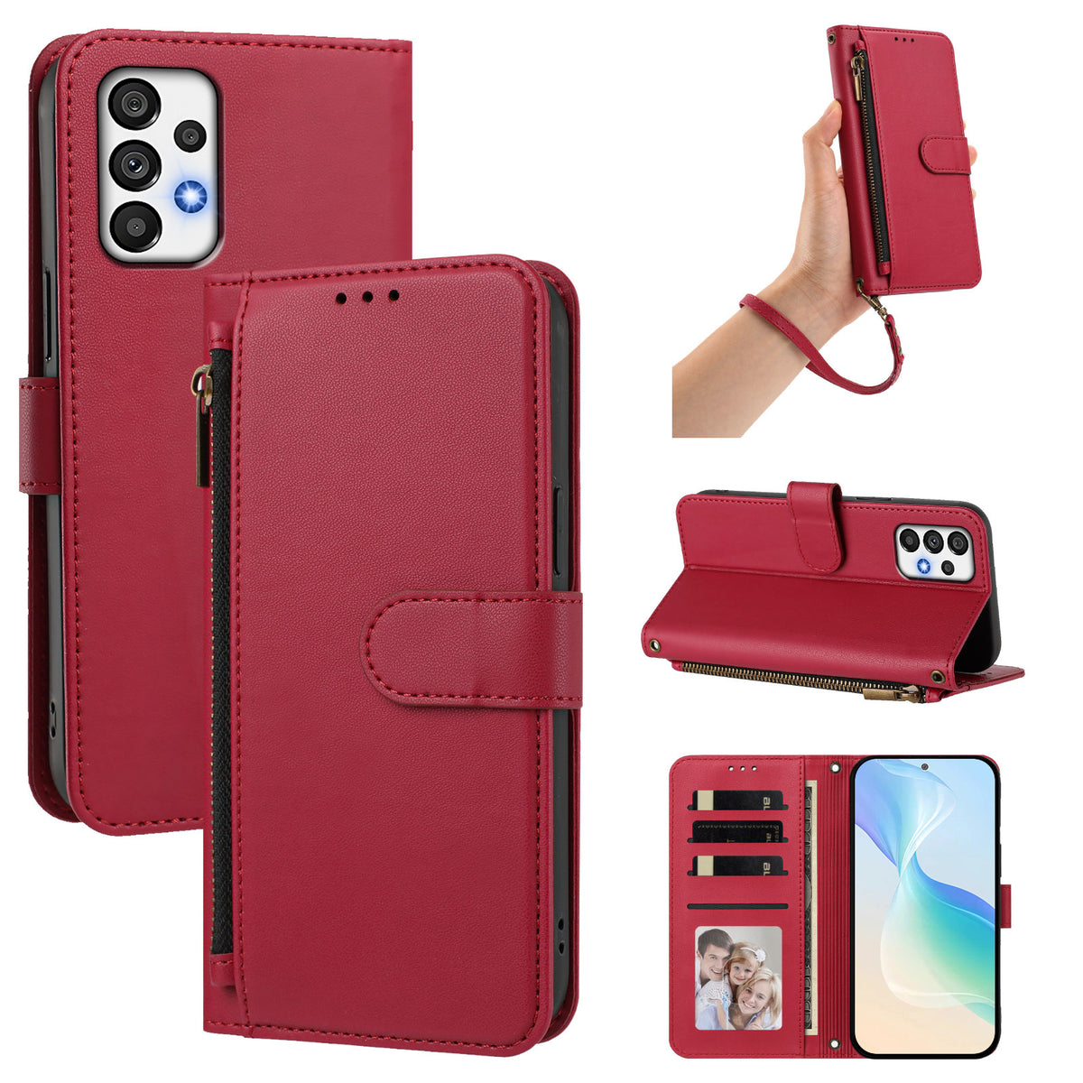 Crimson red leather wallet case for Samsung Galaxy A73 A72 A71 displayed from 5 angles including camera lens cutout, wristlet strap carry, horizontal kickstand mode, and interior wallet layout with 4 card slots, cash pocket, and photo window.