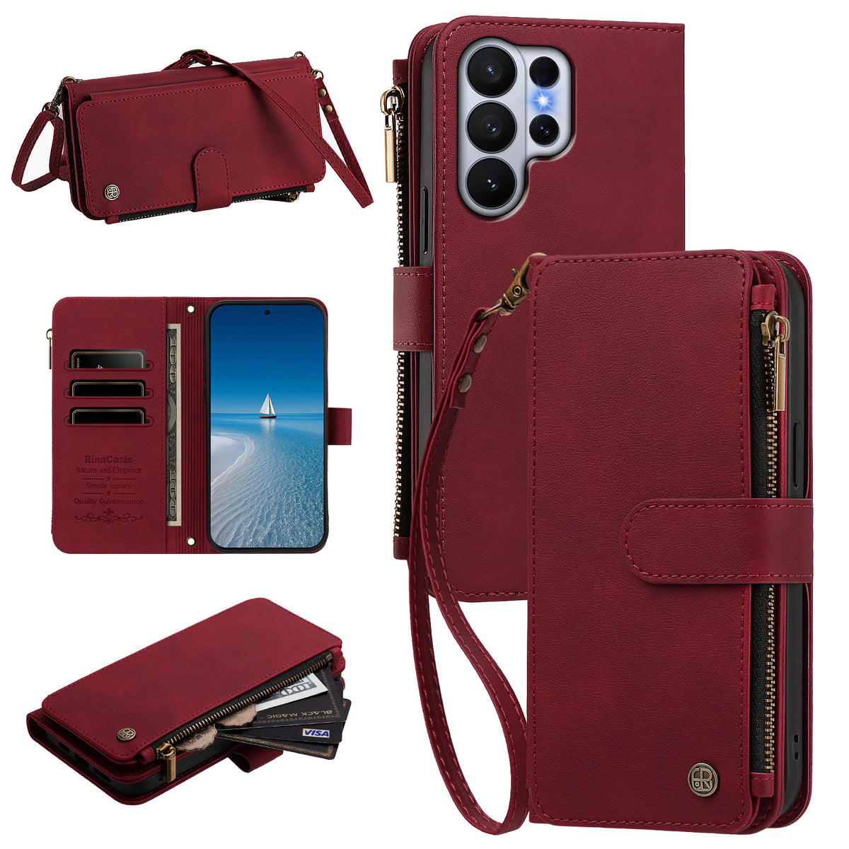 Crimson red luxury crossbody leather zipper wallet case for Samsung Galaxy showing hands-free shoulder strap card slots and coin pocket⁠