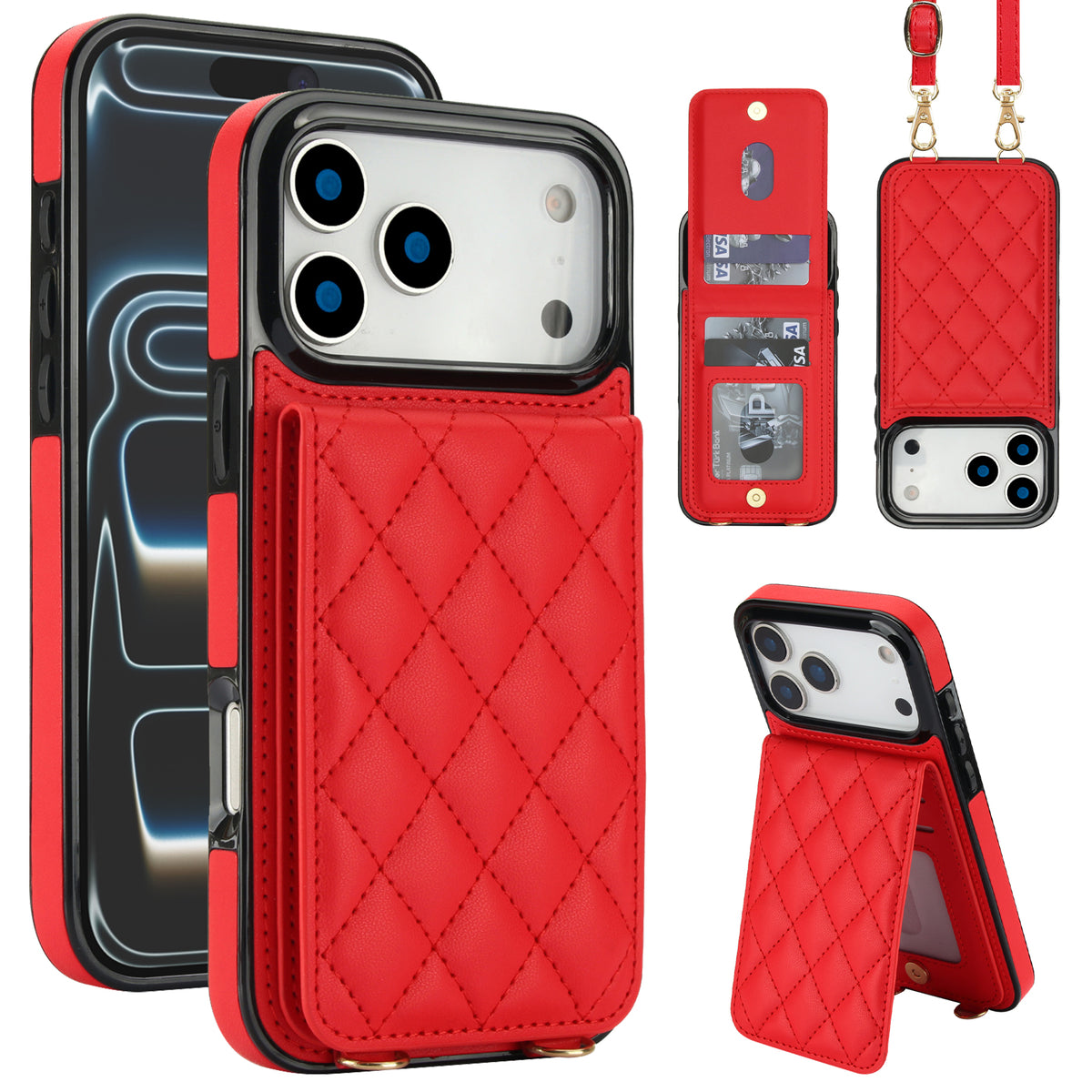 Crimson red luxury leather crossbody wallet phone cover featuring multi-card holder, kickstand position, and protective shockproof bumper.