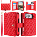 Crimson red quilted diamond leather case for iPhone DUO, featuring a main wallet view with wristlet lanyard, open folio layout with card slots, rear camera cutout, and crossbody bag mode.