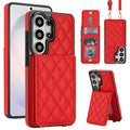 Crimson red quilted leather Samsung Galaxy crossbody case with snap card holder kickstand position and detachable lanyard strap