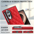 Crimson red quilted leather case detailing 2mm raised camera ring and 1.2mm screen edge protection for Samsung Z Fold 8