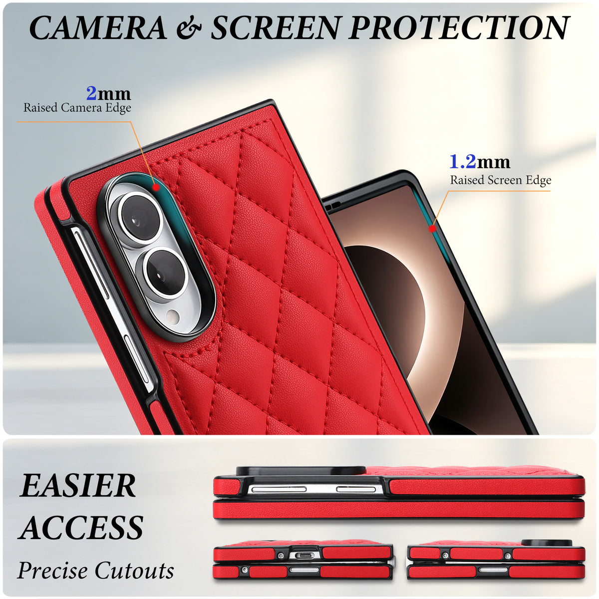 Crimson red quilted leather case detailing 2mm raised camera ring and 1.2mm screen edge protection for Samsung Z Fold 8