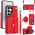 Crimson red quilted leather phone wallet case with crossbody shoulder strap detachable wristlet and snap accordion card slots for Samsung Galaxy