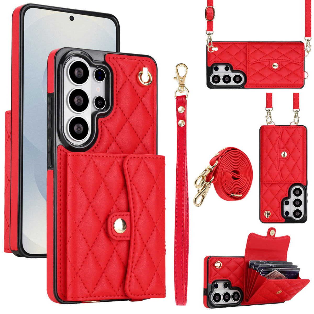 Crimson red quilted leather phone wallet case with crossbody shoulder strap detachable wristlet and snap accordion card slots for Samsung Galaxy
