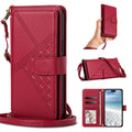 Crimson red woven leather crossbody wallet case for iPhone displaying full composite views, including front magnetic flap, hand wristlet wear, shoulder strap wear, interior card slots, photo ID window, and cash pocket.