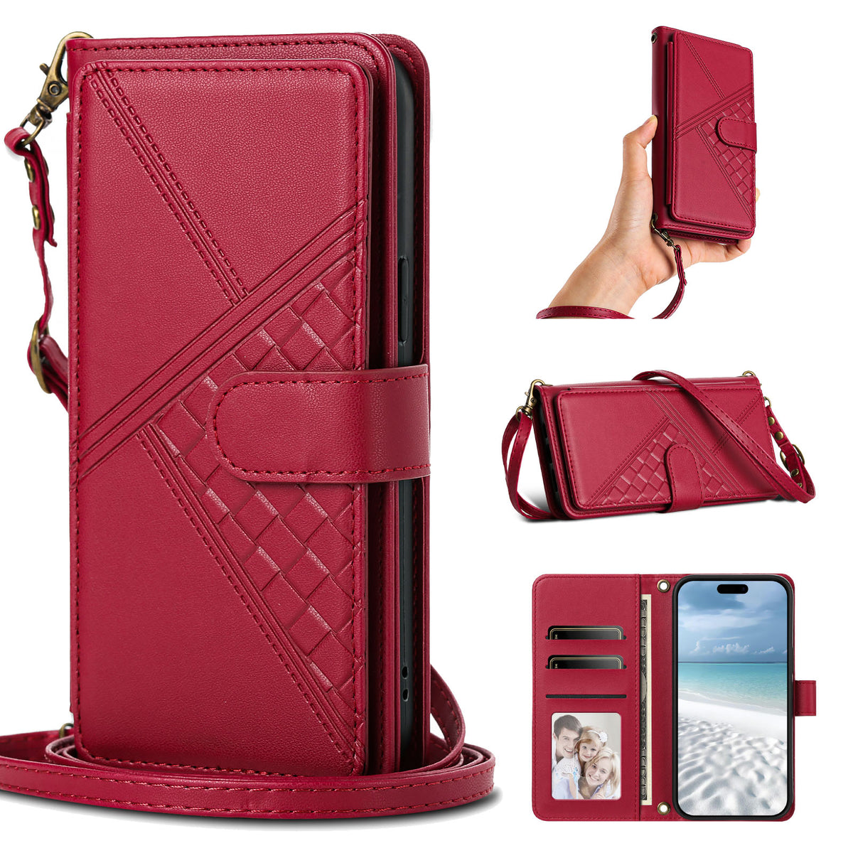 Crimson red woven leather crossbody wallet case for iPhone displaying full composite views, including front magnetic flap, hand wristlet wear, shoulder strap wear, interior card slots, photo ID window, and cash pocket.