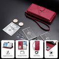Crimson red woven leather phone wallet case surrounded by cash and credit cards, highlighting multi-angle support stand, storage slots, wrist strap, and flexible TPU interior.