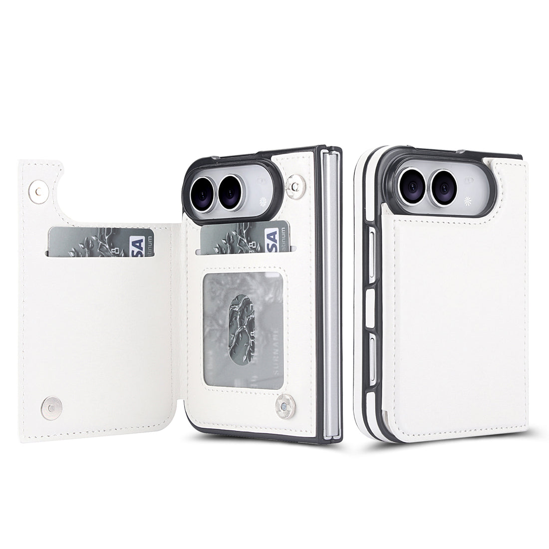 Catalog lineup displaying the iPhone DUO leather magnetic wallet cases in 7 available colors Rose Red, Rose Gold, Crimson Red, Rich Brown, Dark Blue, Crisp White, and Classic Black.