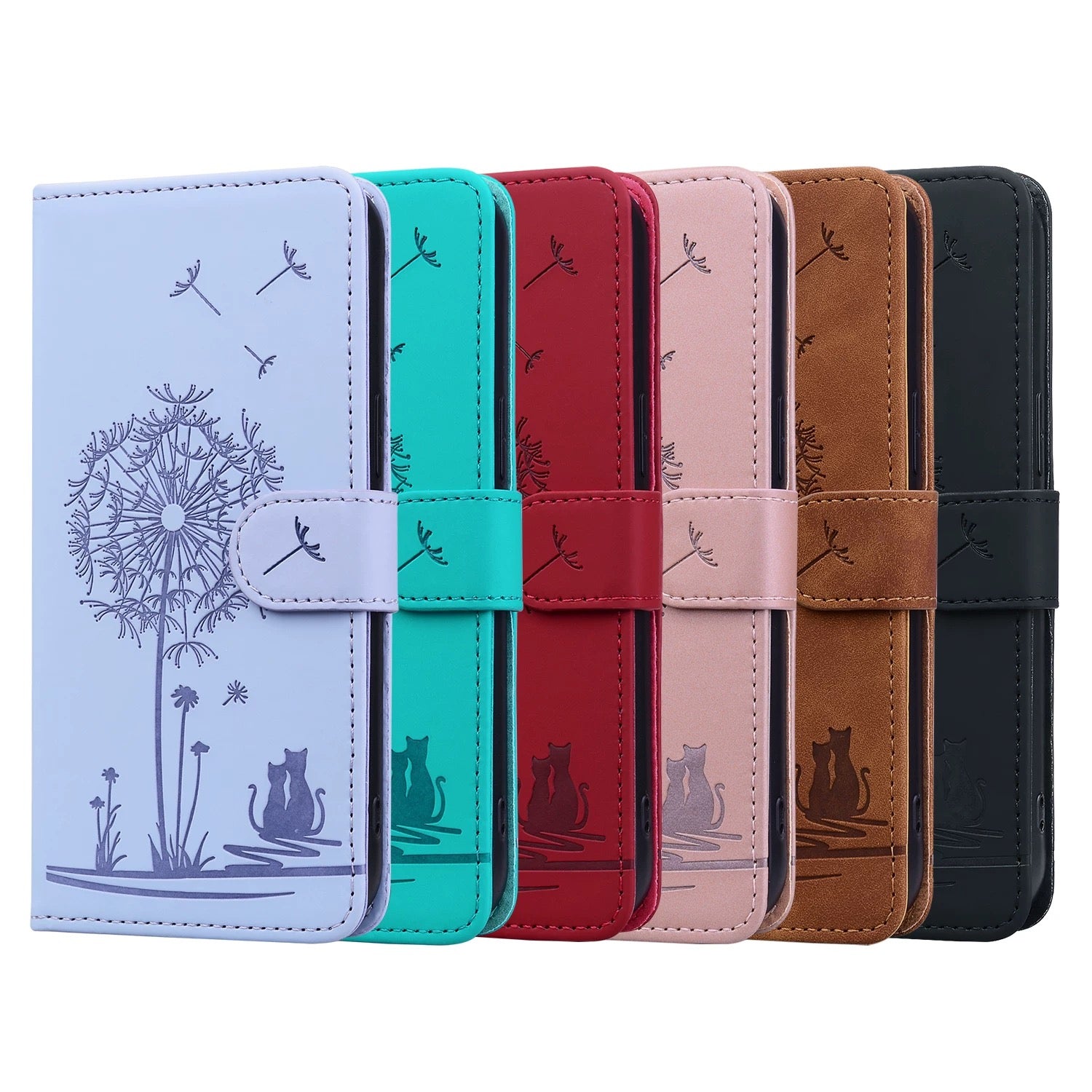 Dandelion cat leather wallet case flat lay showing all 6 colour options