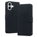 Dandelion cat leather wallet phone case in black showing front embossed design for iPhone