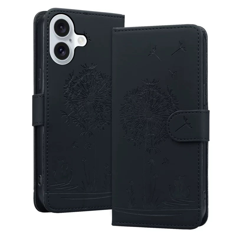 Dandelion cat leather wallet phone case in black showing front embossed design for iPhone
