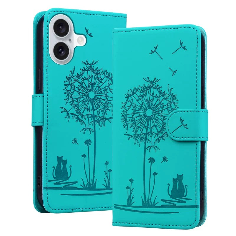 Dandelion cat wallet case back view showing embossed cat and dandelion silhouette in green