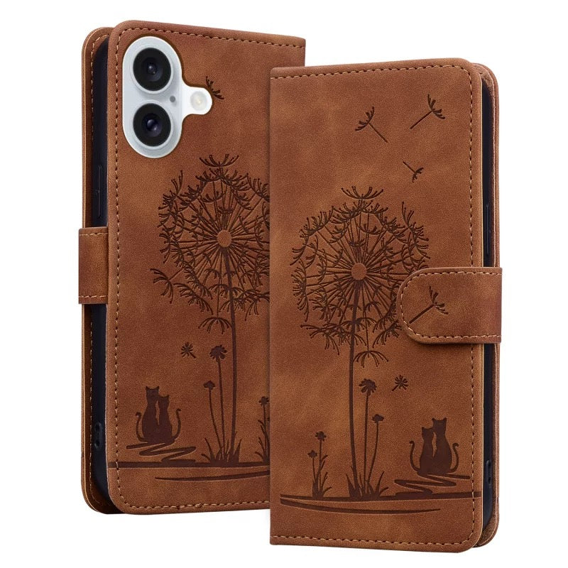 Group shot of embossed leather wallet phone cases in six colors featuring dandelion and cat designs.