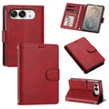 Dark Red leather wallet folio case for iPhone DUO featuring clean stitching, magnetic clasp closure, internal card organizer, and landscape kickstand mode.
