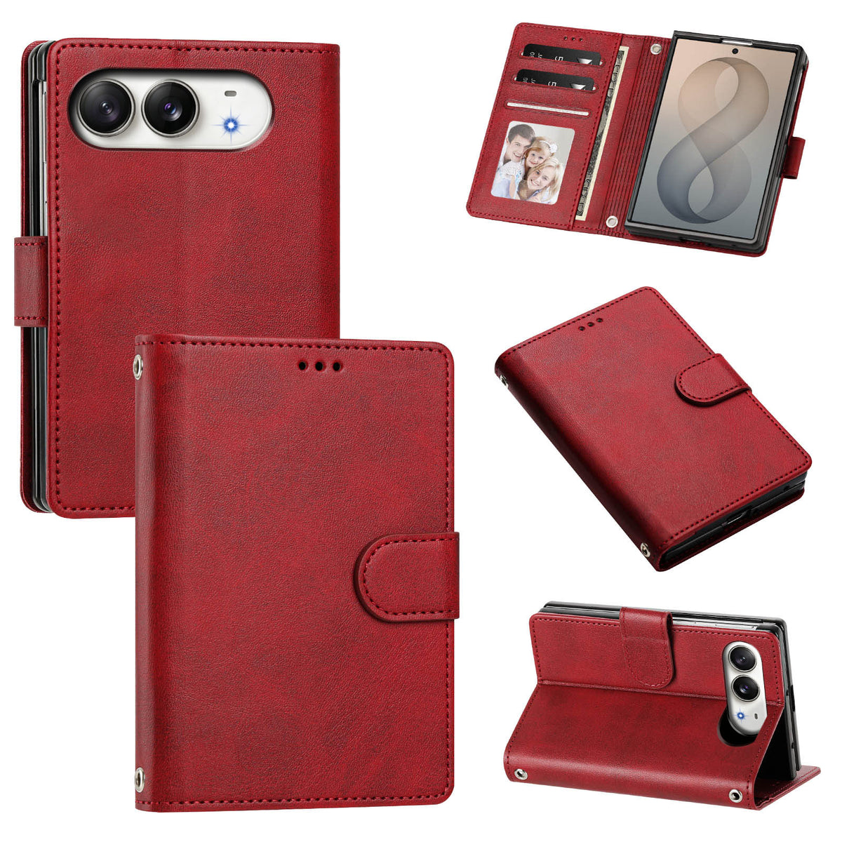 Dark Red leather wallet folio case for iPhone DUO featuring clean stitching, magnetic clasp closure, internal card organizer, and landscape kickstand mode.