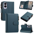 Dark Green leather wallet case for Samsung Galaxy Z Fold 8 showing multi-angle views including rear camera cutout, closed cover, open card slots flap, zippered purse, and kickstand stand mode.