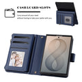 Dark blue PU leather wallet folio case for Samsung Galaxy Z Fold 8 showing card slots, a clear photo ID window and an open phone cover.