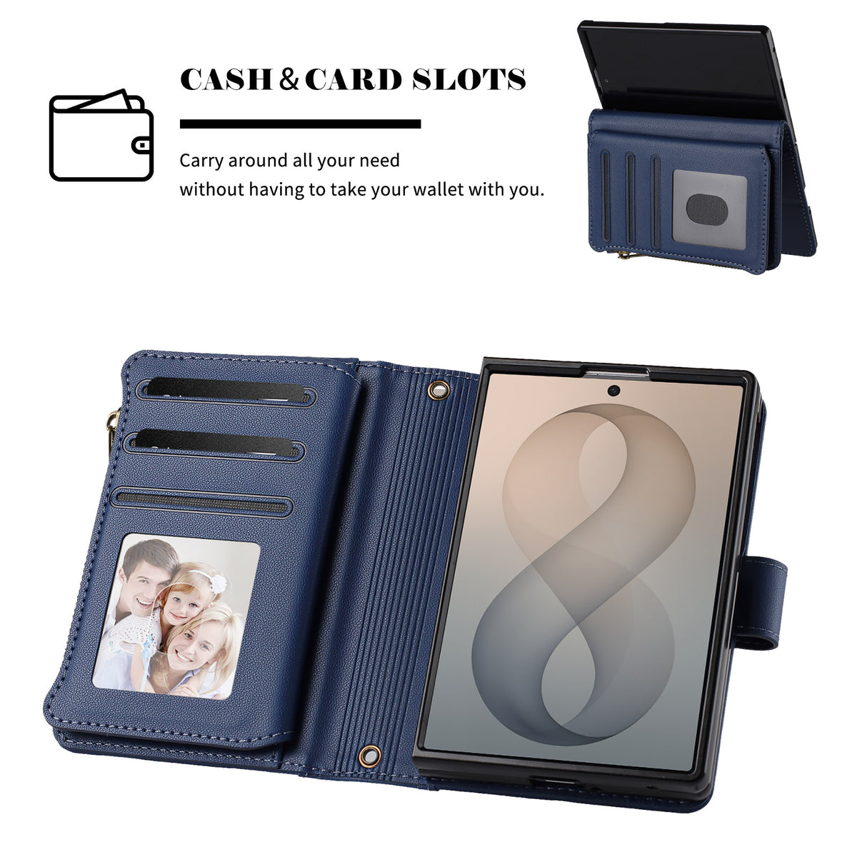 Dark blue PU leather wallet folio case for Samsung Galaxy Z Fold 8 showing card slots, a clear photo ID window and an open phone cover.