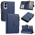 Dark blue leather wallet case for Samsung Galaxy Z Fold 8 showing multi-angle views including rear camera cutout, closed cover, open card slots flap, zippered purse, and kickstand stand mode.