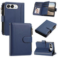 Dark blue leather wallet case for iPhone DUO displaying multi-angle views including rear camera cutout, closed cover, open card slots flap, zippered purse, and kickstand display.