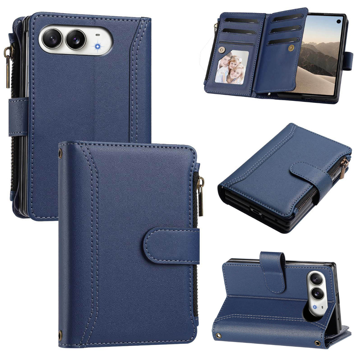 Dark blue leather wallet case for iPhone DUO displaying multi-angle views including rear camera cutout, closed cover, open card slots flap, zippered purse, and kickstand display.