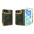 Dark green leather protective case for iPhone DUO featuring electroplated gold accent trim, raised camera bezel, and front screen protector