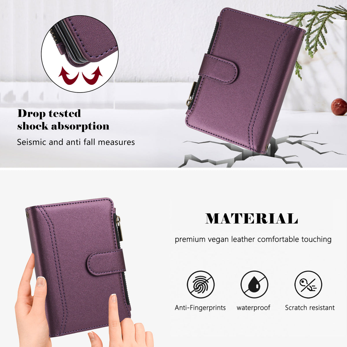 Dark purple vegan leather wallet folio case for iPhone DUO showing stitched edges, clasp closure, zipper hardware and a close-up of the case corner.