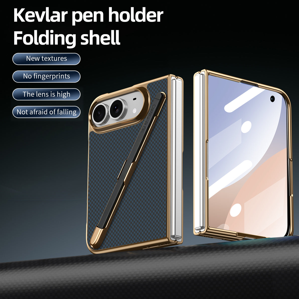 Dark blue Kevlar pen holder folding shell for iPhone DUO displayed next to open screen view with feature callouts highlighting new textures, no fingerprints, high lens ring, and drop protection.